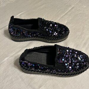 Black Iridescent Sequin Slip-On Platform Sneakers.